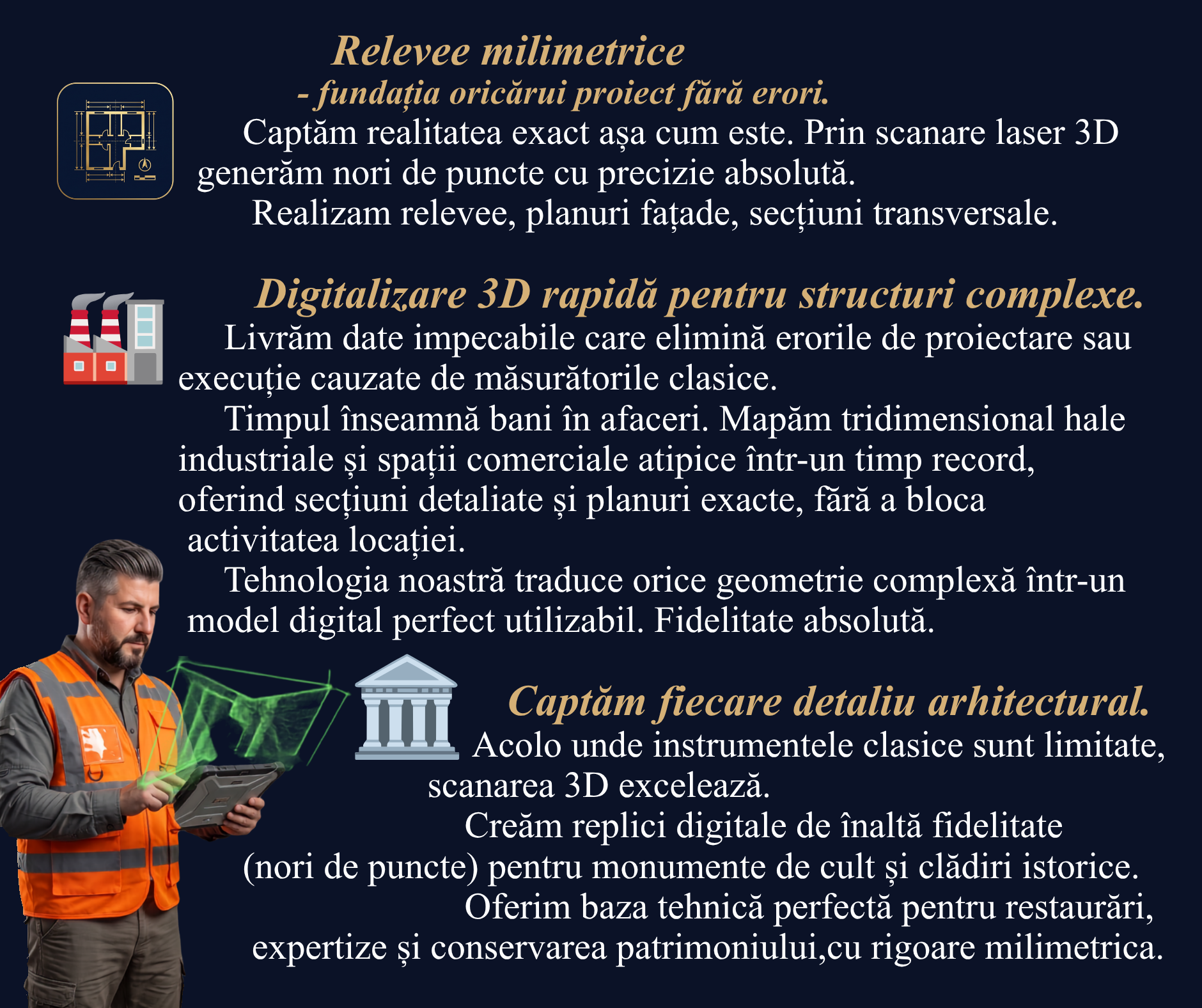 Relevee milimetrice, digitalizare 3D rapidă și captarea detaliilor arhitecturale